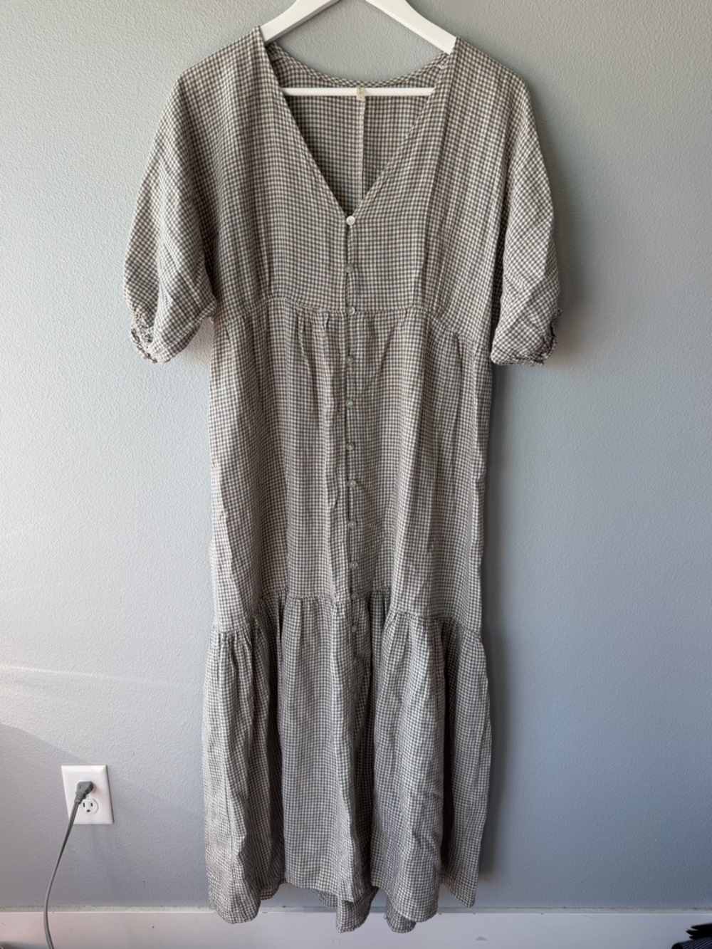 Rylee & Cru grey white gingham short puff sleeves linen blend maxi dress S